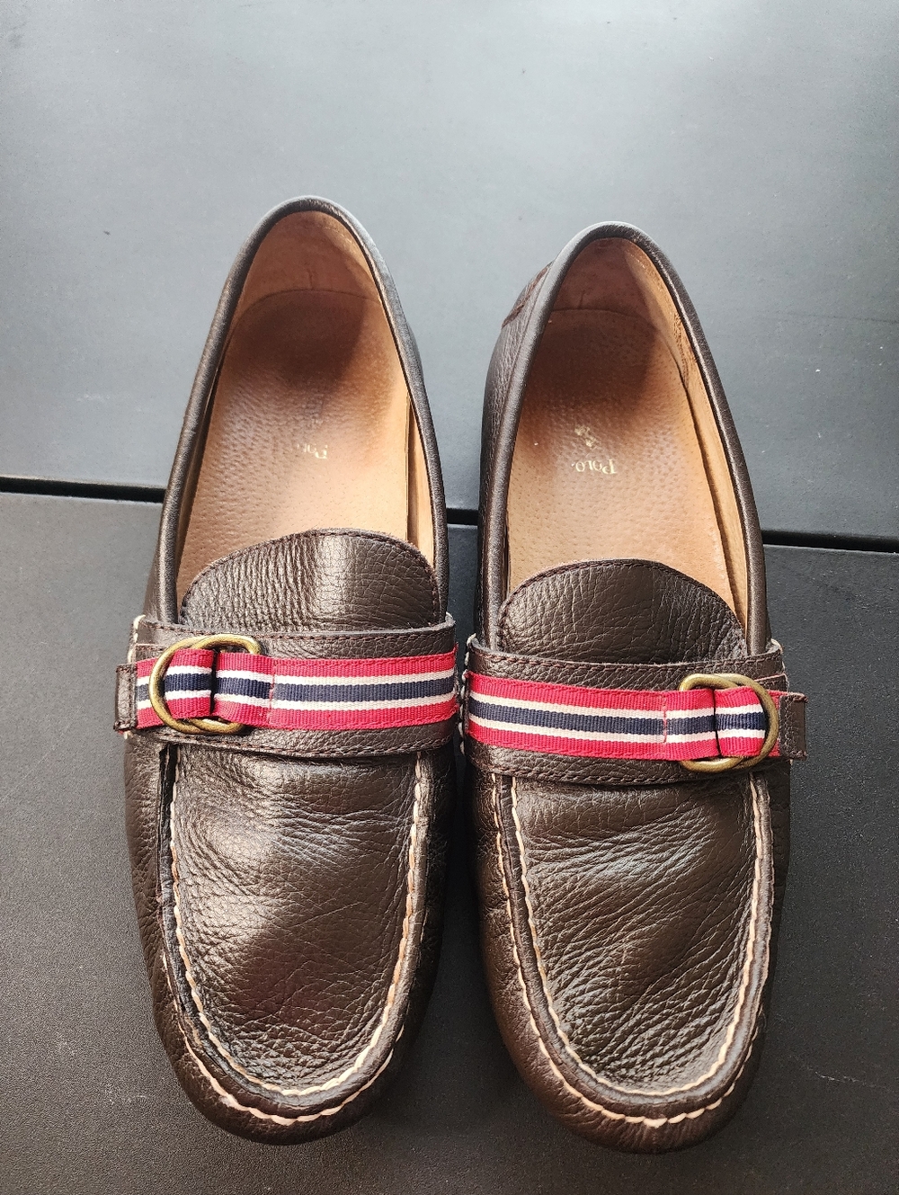 Polo by Ralph Lauren Brown Leather Loafers with Red-Striped Webbing